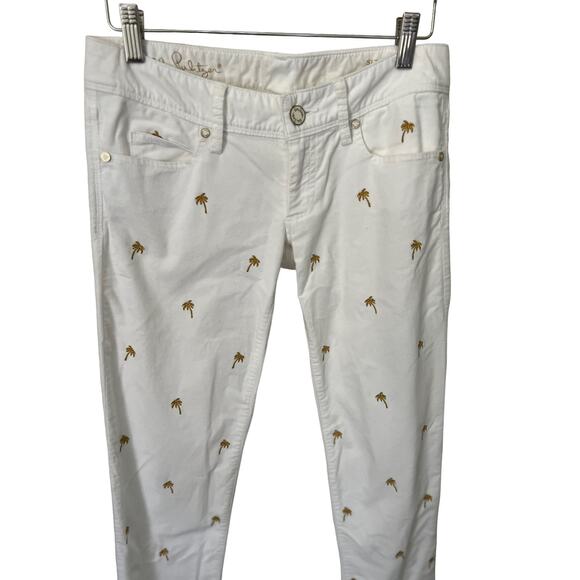 Lilly Pulitzer White Gold Palm Tree Embroidery Low Rise Worth Skinny Pant Size 0 - Picture 3 of 9
